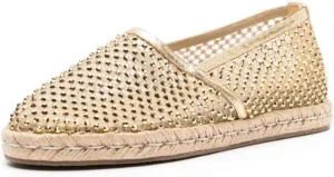 VARECOLA Women Round Toe Crystal Mesh Flat Sandals Shoes Slip-on Rhinestones Espadrilles Chic Shinny Fisherman Single Shoes Braided Raffia No-heel Gold