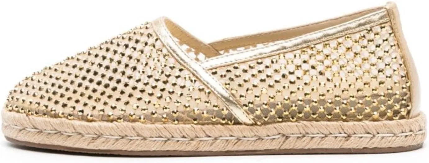 VARECOLA Women Round Toe Crystal Mesh Flat Sandals Shoes Slip-on Rhinestones Espadrilles Chic Shinny Fisherman Single Shoes Braided Raffia No-heel Gold
