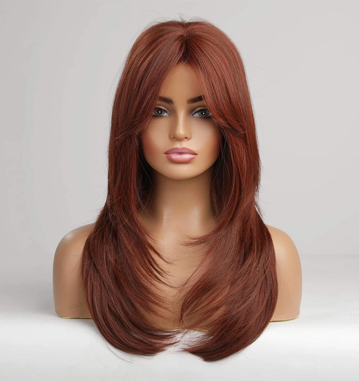 vedar Auburn Red Wigs with Bangs, Copper Red Wigs for Women, Shoulder Length Synthetic Hair Red Full Wig, Middle Length Straight Hair Wig, 20 inch VEDAR-235