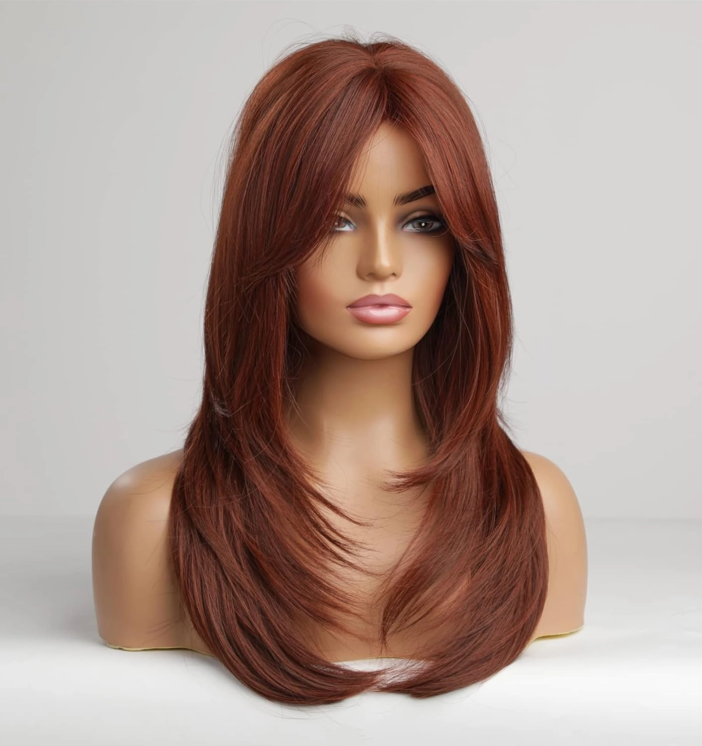 vedar Auburn Red Wigs with Bangs, Copper Red Wigs for Women, Shoulder Length Synthetic Hair Red Full Wig, Middle Length Straight Hair Wig, 20 inch VEDAR-235