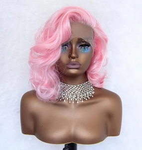 vedar Sparkly Pink Wigs for Women, Synthetic Hair Glittery Pink Lace Front Wigs with Tinsel, Short Wavy Wigs 14 inch VEDAR-849