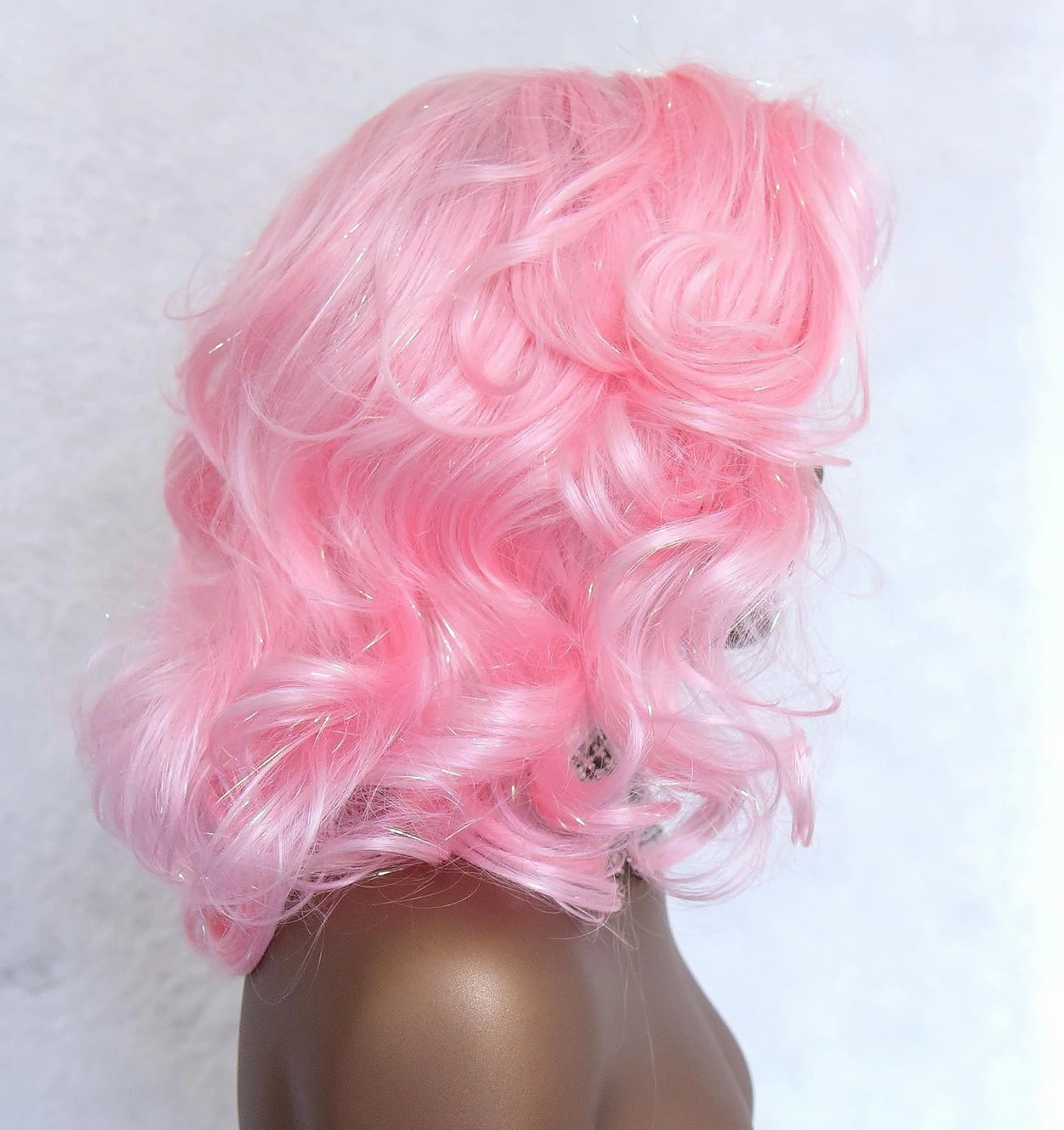 vedar Sparkly Pink Wigs for Women, Synthetic Hair Glittery Pink Lace Front Wigs with Tinsel, Short Wavy Wigs 14 inch VEDAR-849