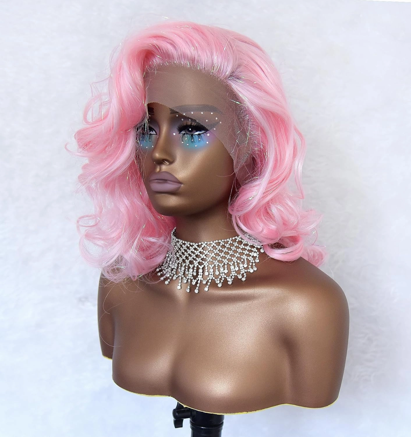 vedar Sparkly Pink Wigs for Women, Synthetic Hair Glittery Pink Lace Front Wigs with Tinsel, Short Wavy Wigs 14 inch VEDAR-849