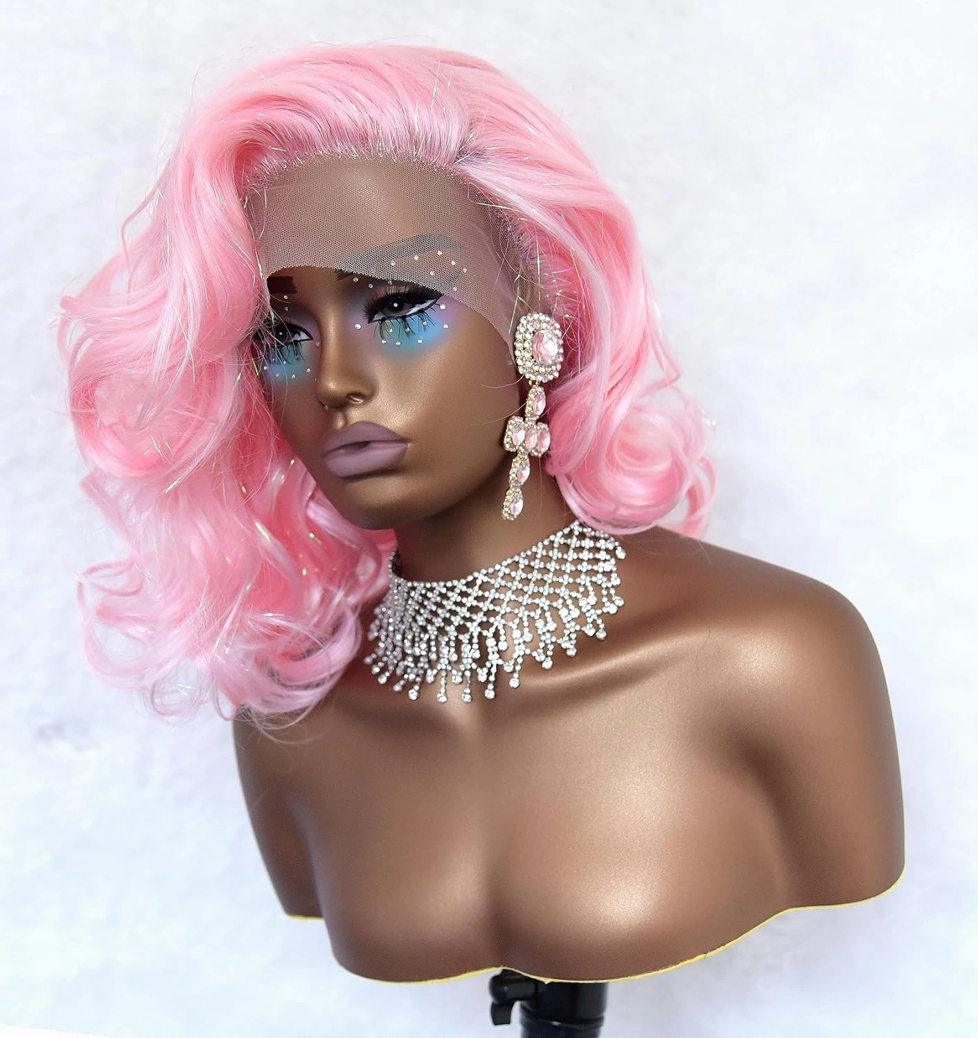 vedar Sparkly Pink Wigs for Women, Synthetic Hair Glittery Pink Lace Front Wigs with Tinsel, Short Wavy Wigs 14 inch VEDAR-849