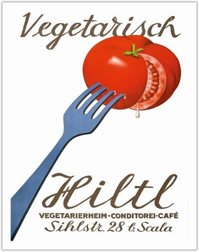 Vegetarisch Hiltl Vegetarian Restaurant - Zurich Switzerland - Vegetarierheim Konditorei Café - Vintage Advertising Poster by Hugo Laubi c.1933 - Fine Art Matte Paper Print (Unframed) 11x14in