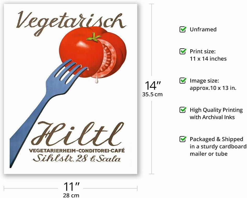 Vegetarisch Hiltl Vegetarian Restaurant - Zurich Switzerland - Vegetarierheim Konditorei Café - Vintage Advertising Poster by Hugo Laubi c.1933 - Fine Art Matte Paper Print (Unframed) 11x14in