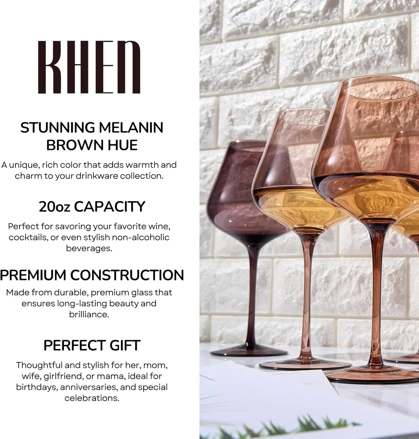 Venus Wine Glass Sets, 20oz Glasses Set of 6 Melanin Brown Colored for Her, Mom, Wife, Girlfriend, Mama, Special Celebrations Color Drinkware Unique Style Tall Stemmed Amber Colors Bronze Glassware