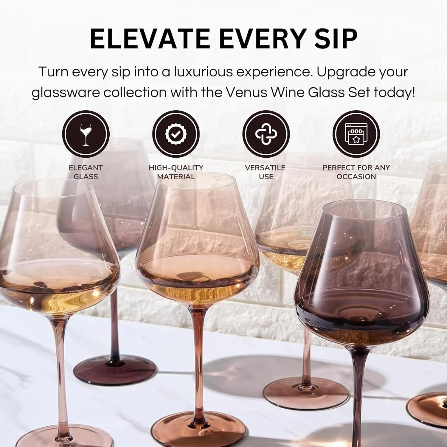Venus Wine Glass Sets, 20oz Glasses Set of 6 Melanin Brown Colored for Her, Mom, Wife, Girlfriend, Mama, Special Celebrations Color Drinkware Unique Style Tall Stemmed Amber Colors Bronze Glassware