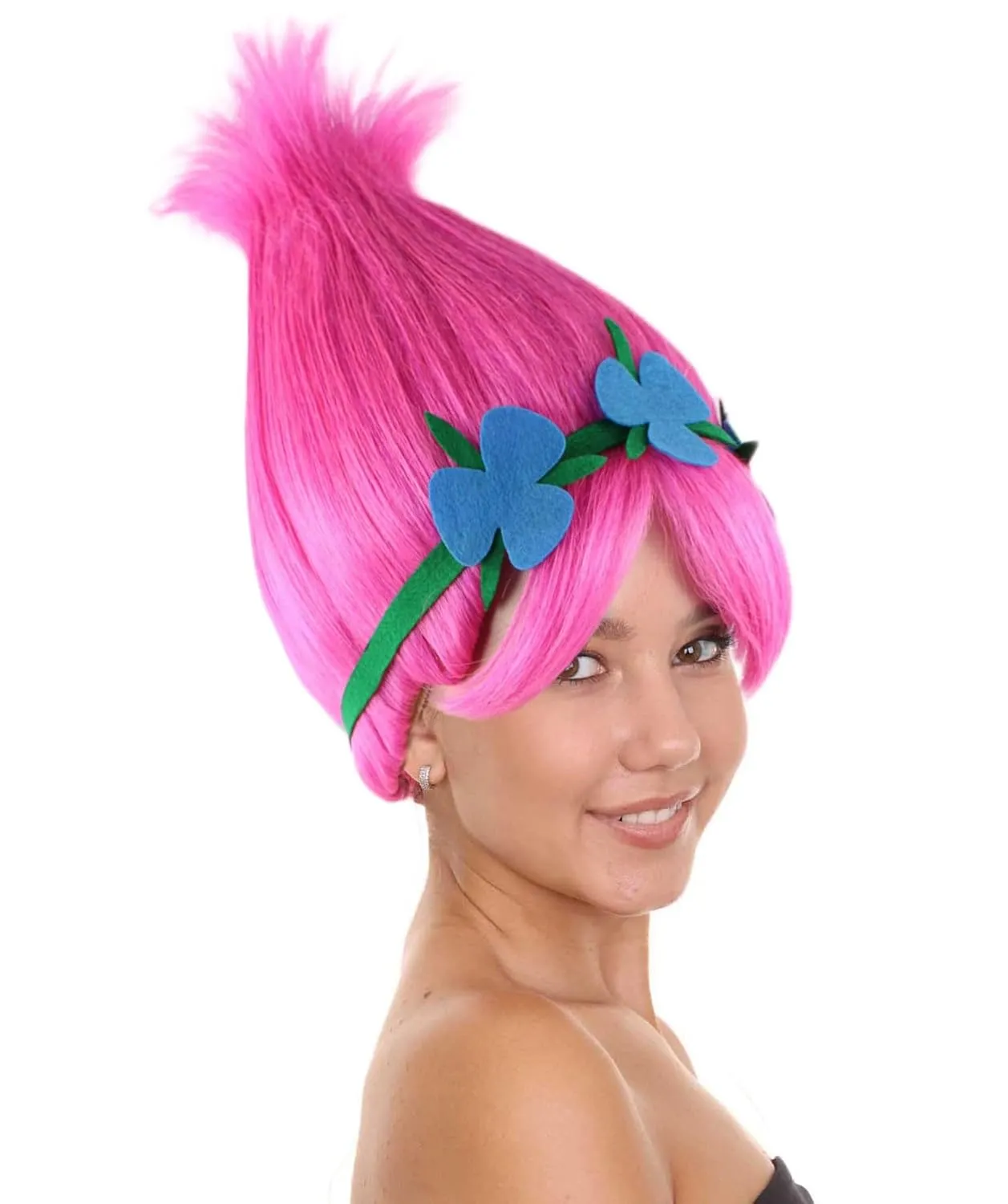 Vibrant Pointed Princess Troll Pink Pointy Wig with Green and Blue Floral Crown for Adult, Universal Capless Design Flame-retardant Synthetic Fiber
