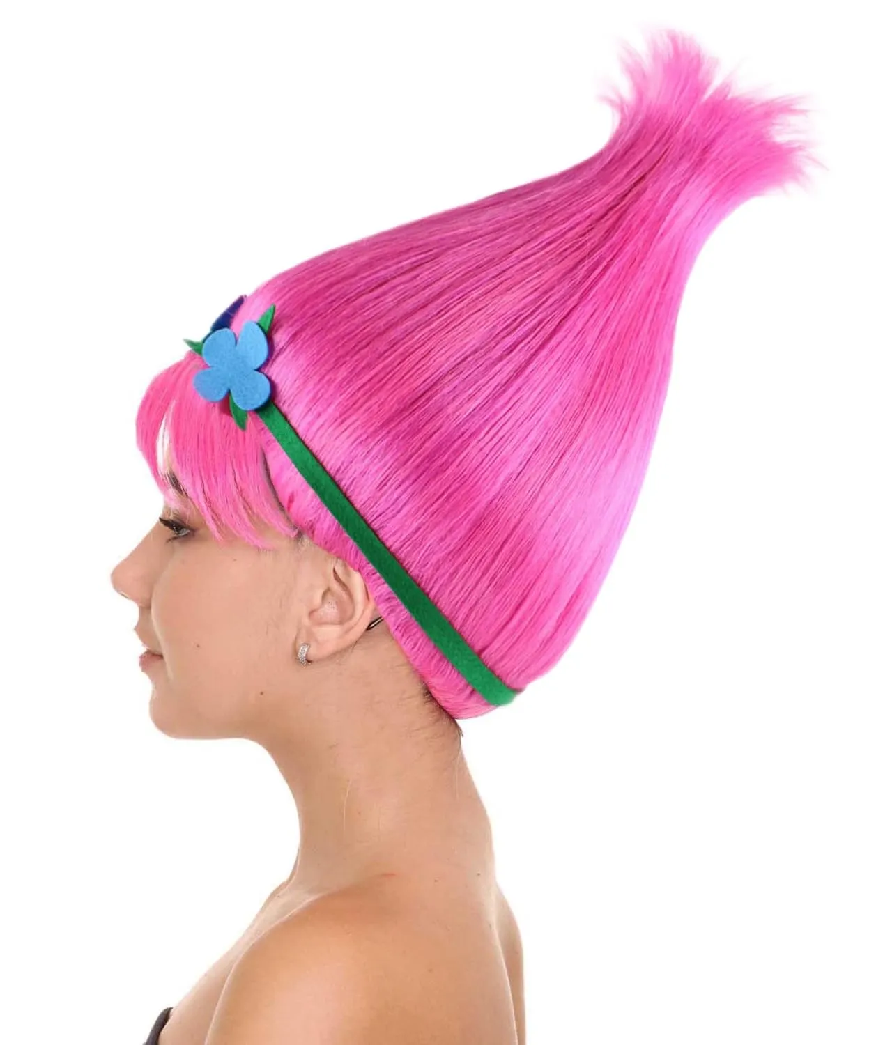Vibrant Pointed Princess Troll Pink Pointy Wig with Green and Blue Floral Crown for Adult, Universal Capless Design Flame-retardant Synthetic Fiber