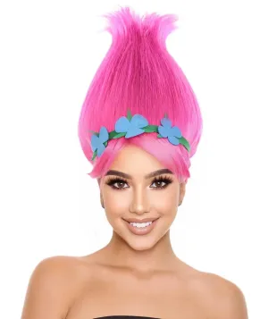 Vibrant Pointed Princess Troll Pink Pointy Wig with Green and Blue Floral Crown for Adult, Universal Capless Design Flame-retardant Synthetic Fiber