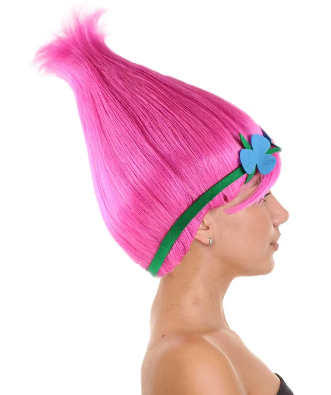 Vibrant Pointed Princess Troll Pink Pointy Wig with Green and Blue Floral Crown for Adult, Universal Capless Design Flame-retardant Synthetic Fiber