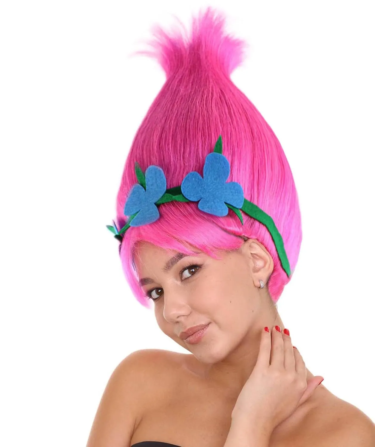 Vibrant Pointed Princess Troll Pink Pointy Wig with Green and Blue Floral Crown for Adult, Universal Capless Design Flame-retardant Synthetic Fiber