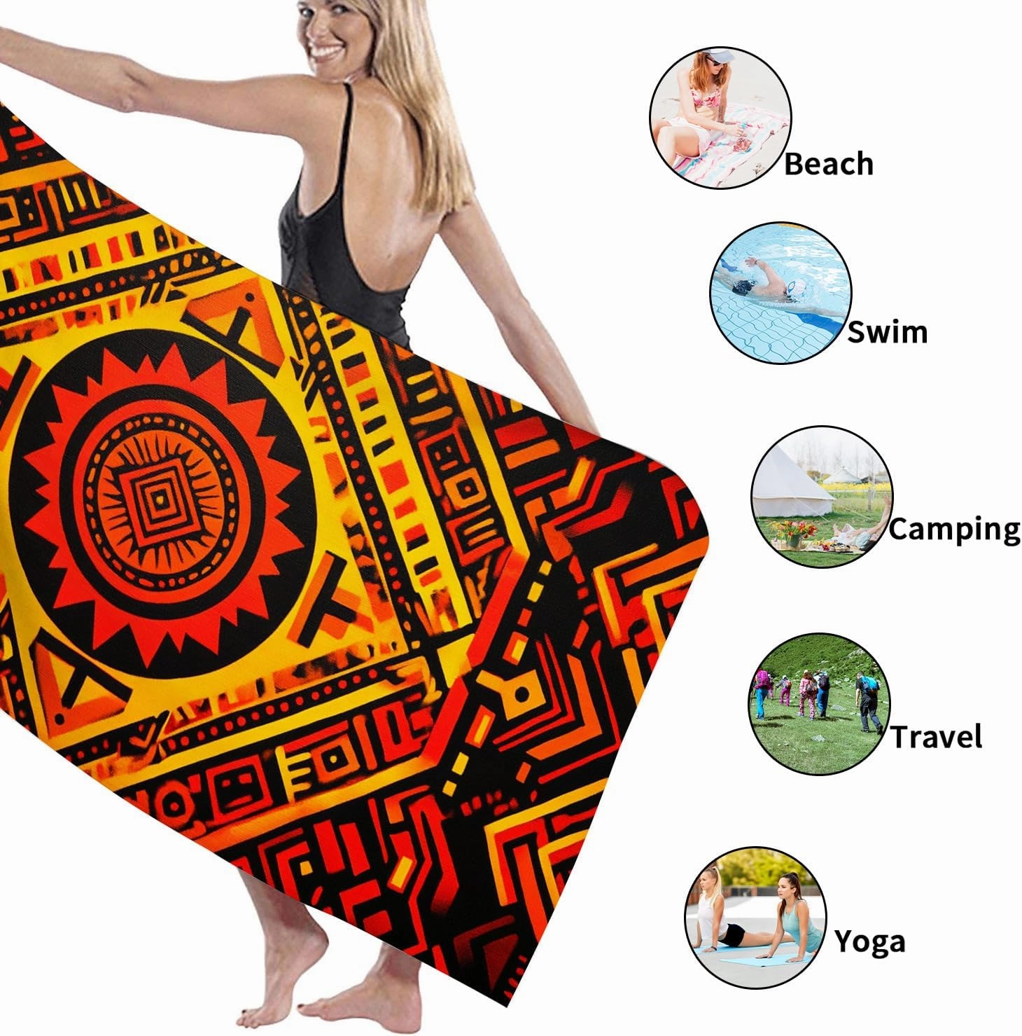 Vibrant Geometric Microfiber Beach Towel Bold Red Yellow Graphic Print, Quick Dry Soft Sand Free Oversized Beach Blanket, Travel Camping Pool Picnic Essentials 62x31 Inch