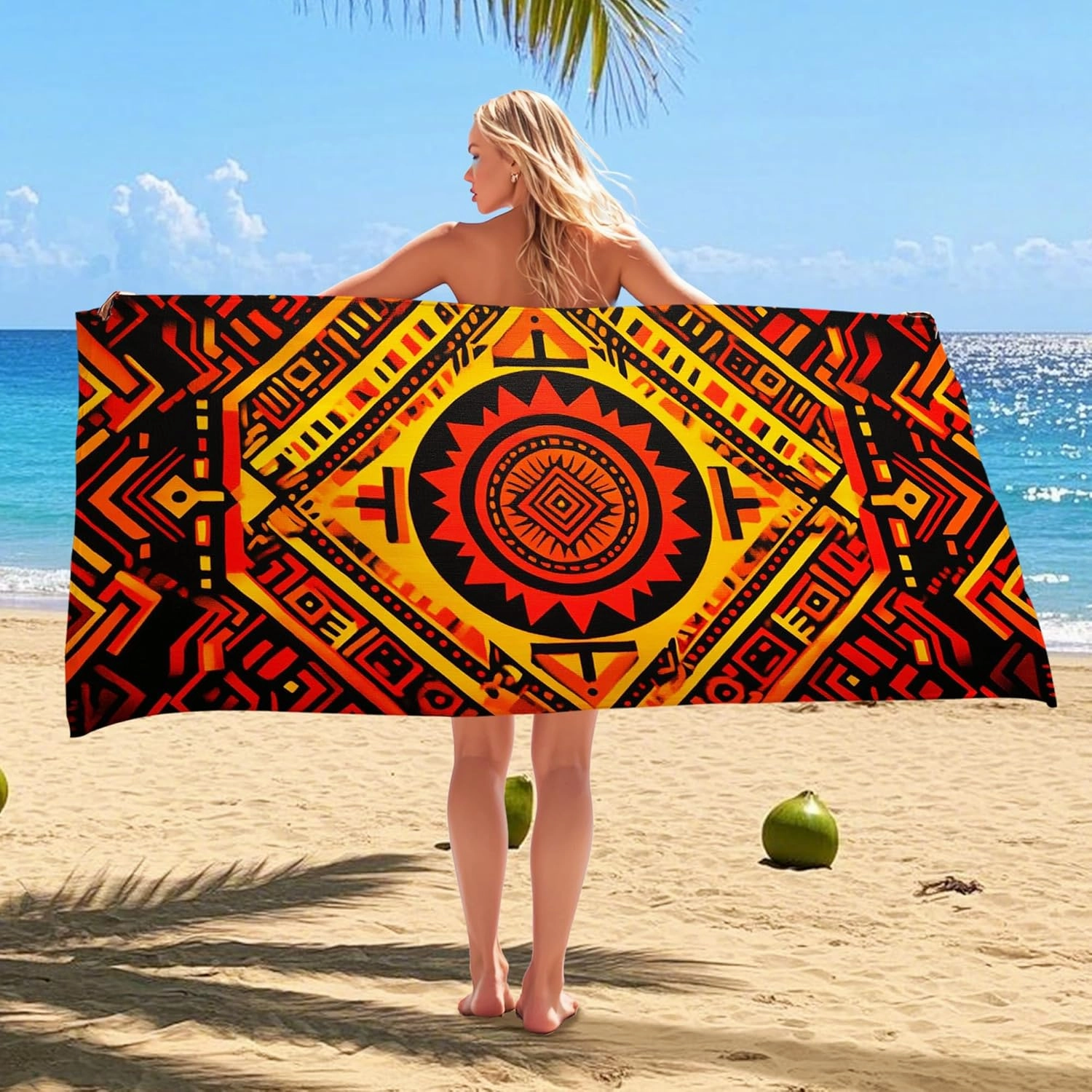 Vibrant Geometric Microfiber Beach Towel Bold Red Yellow Graphic Print, Quick Dry Soft Sand Free Oversized Beach Blanket, Travel Camping Pool Picnic Essentials 62x31 Inch