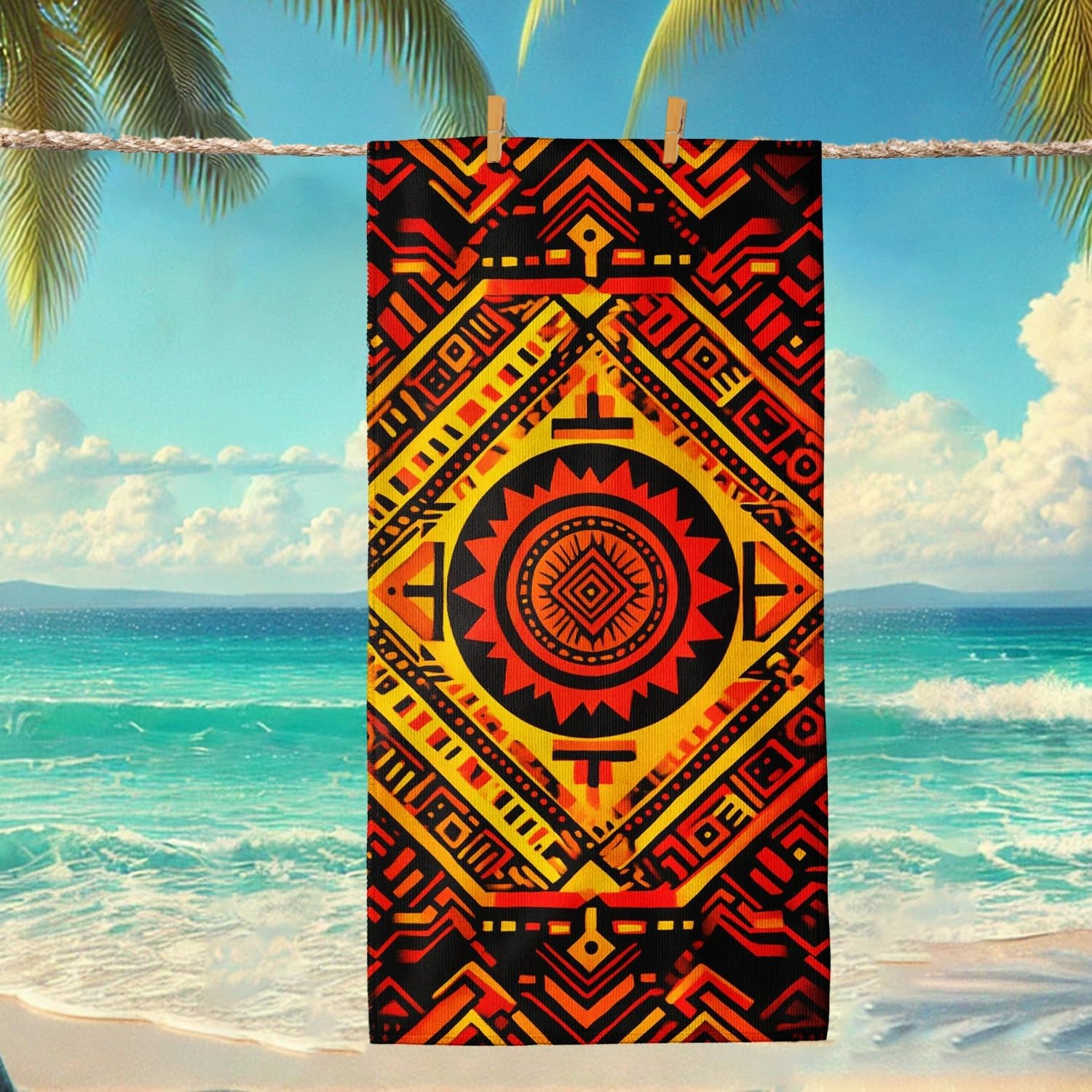 Vibrant Geometric Microfiber Beach Towel Bold Red Yellow Graphic Print, Quick Dry Soft Sand Free Oversized Beach Blanket, Travel Camping Pool Picnic Essentials 62x31 Inch