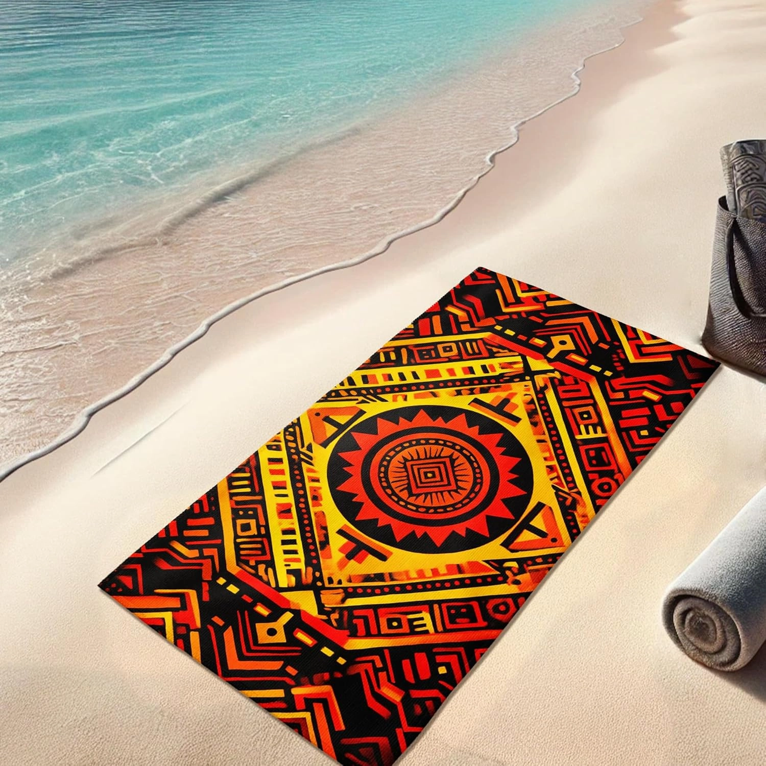Vibrant Geometric Microfiber Beach Towel Bold Red Yellow Graphic Print, Quick Dry Soft Sand Free Oversized Beach Blanket, Travel Camping Pool Picnic Essentials 62x31 Inch