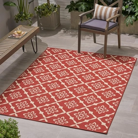 Vibrant Red Outdoor Area Rug for Patio and Garden, Machine Woven, Weather-Resistant, 5'3" x 7'
