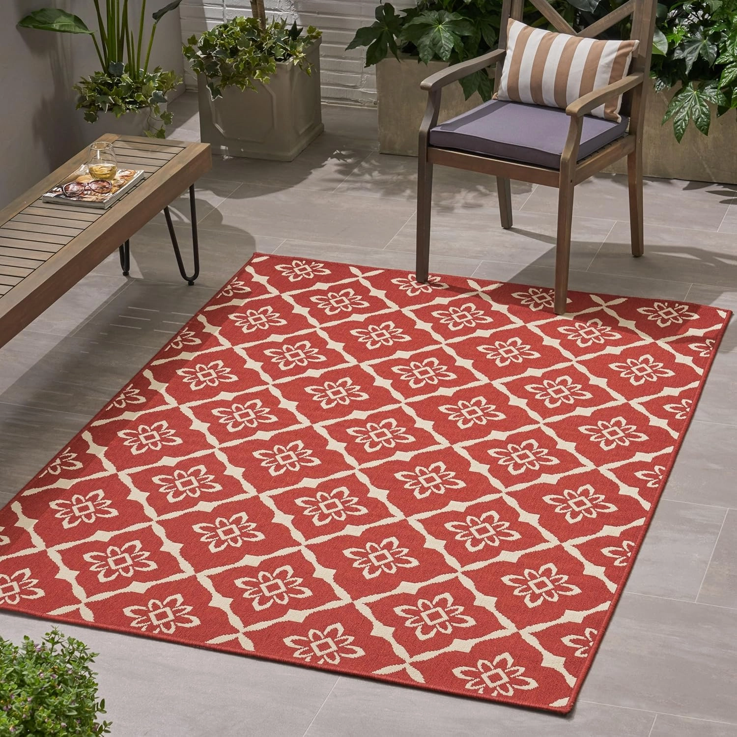 Vibrant Red Outdoor Area Rug for Patio and Garden, Machine Woven, Weather-Resistant, 5'3" x 7'