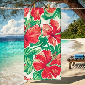 Vibrant Tropical Hibiscus Beach Towel Red Floral Lightweight Soft Bath Towel, Quick Dry Absorbent Sand Free Pool Blanket, Vacation Picnic Essentials 70x35 Inch