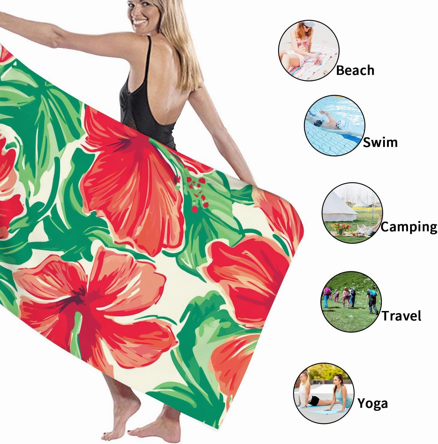 Vibrant Tropical Hibiscus Beach Towel Red Floral Lightweight Soft Bath Towel, Quick Dry Absorbent Sand Free Pool Blanket, Vacation Picnic Essentials 70x35 Inch