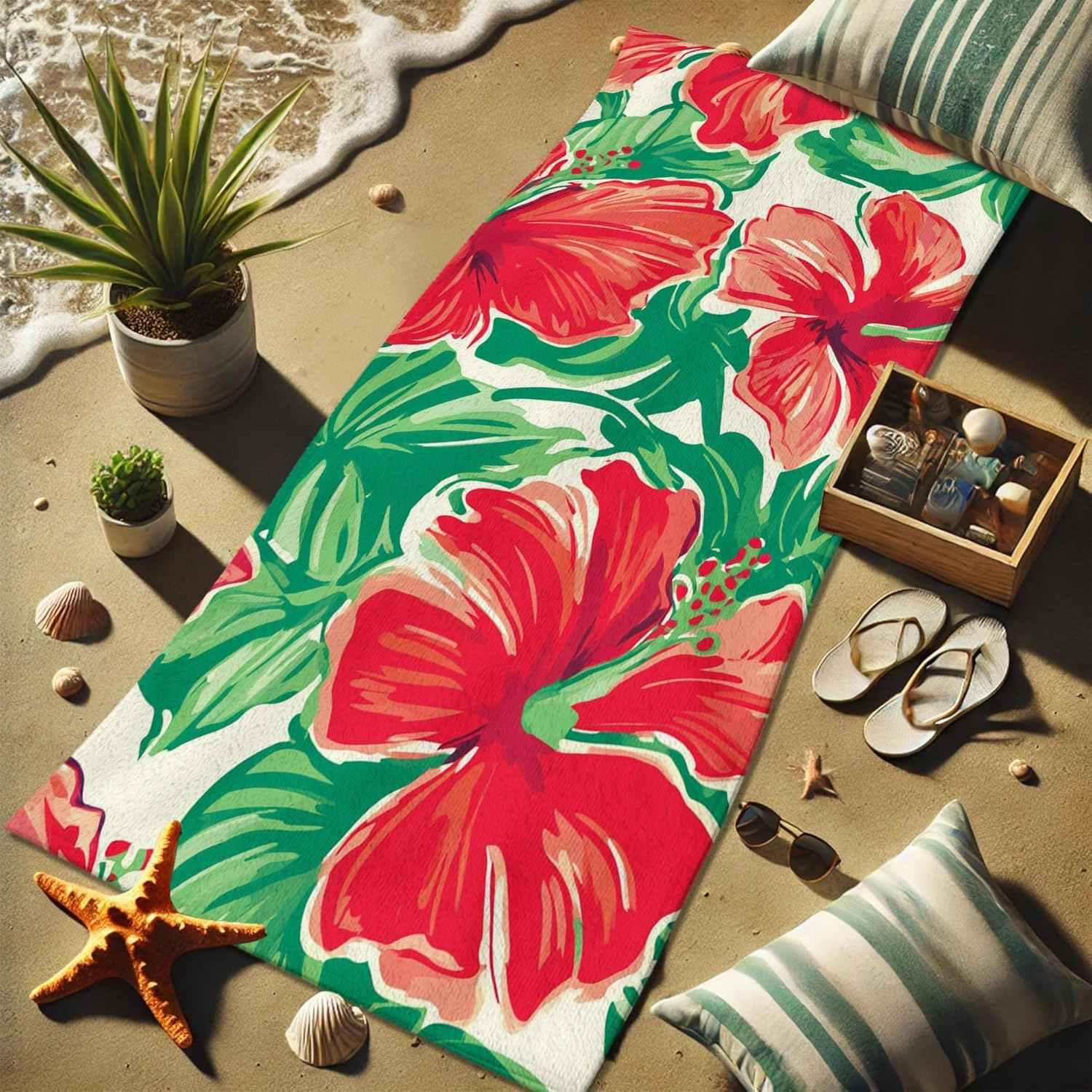 Vibrant Tropical Hibiscus Beach Towel Red Floral Lightweight Soft Bath Towel, Quick Dry Absorbent Sand Free Pool Blanket, Vacation Picnic Essentials 70x35 Inch