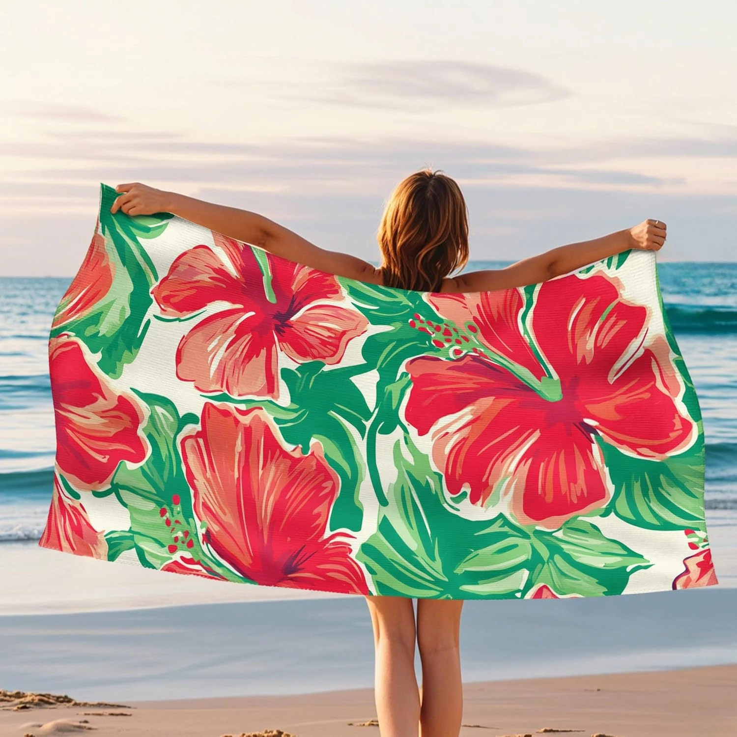 Vibrant Tropical Hibiscus Beach Towel Red Floral Lightweight Soft Bath Towel, Quick Dry Absorbent Sand Free Pool Blanket, Vacation Picnic Essentials 70x35 Inch