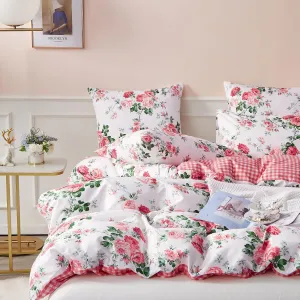 Vintage Pink Floral Duvet Cover Queen 3 Pieces Girls Cottagecore Duvet Cover Soft Microfiber Chic Rose Flower Comforter Cover Pink Plaid Grid Botanical Bedding Floral Aesthetic Comforter Cover Queen
