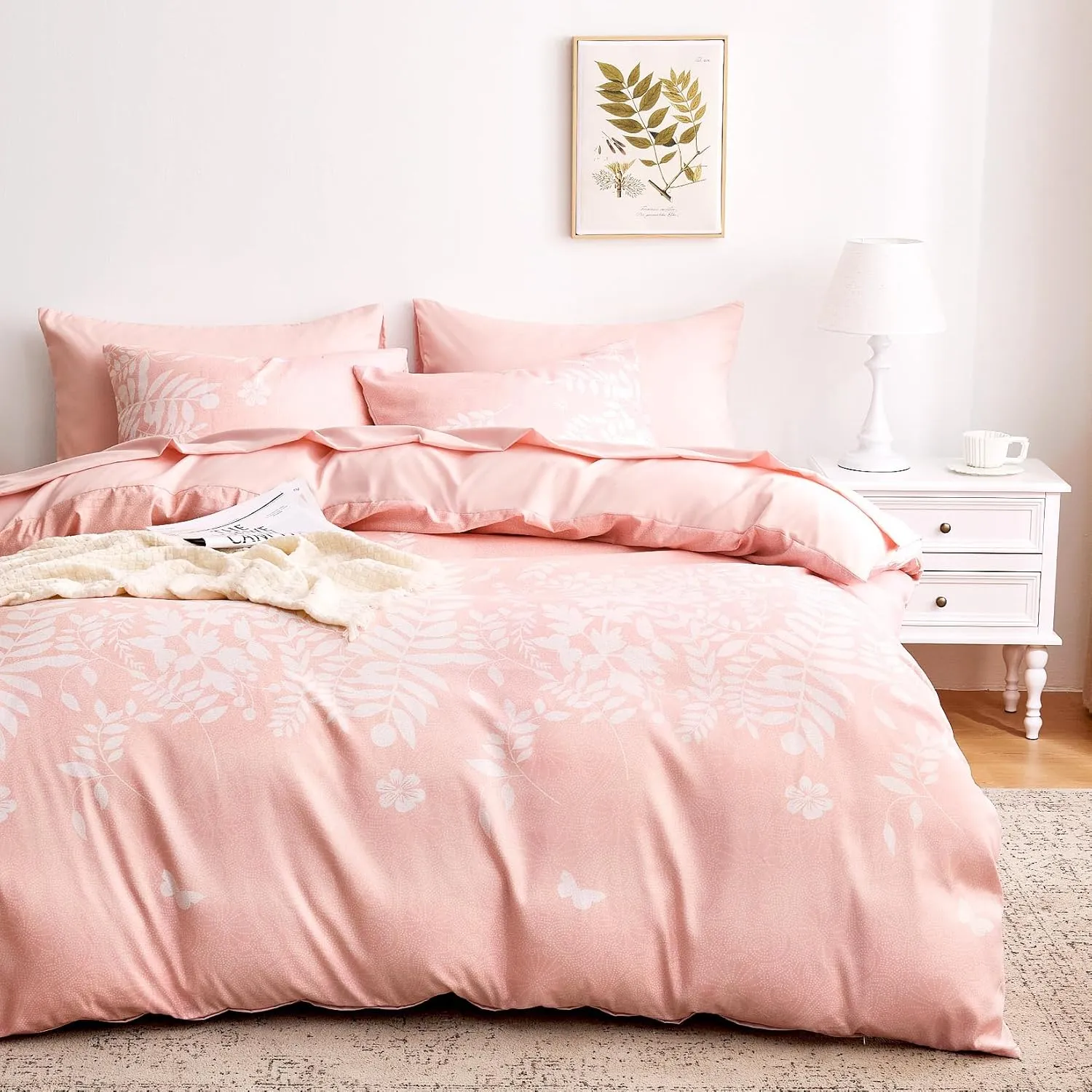 Wake In Cloud - Floral Comforter Set, Botanical Elegant Flower Tree Leaf Modern Pattern Printed for Men Women, Soft Lightweight Bedding, 3 Pieces, Pink, Full Size