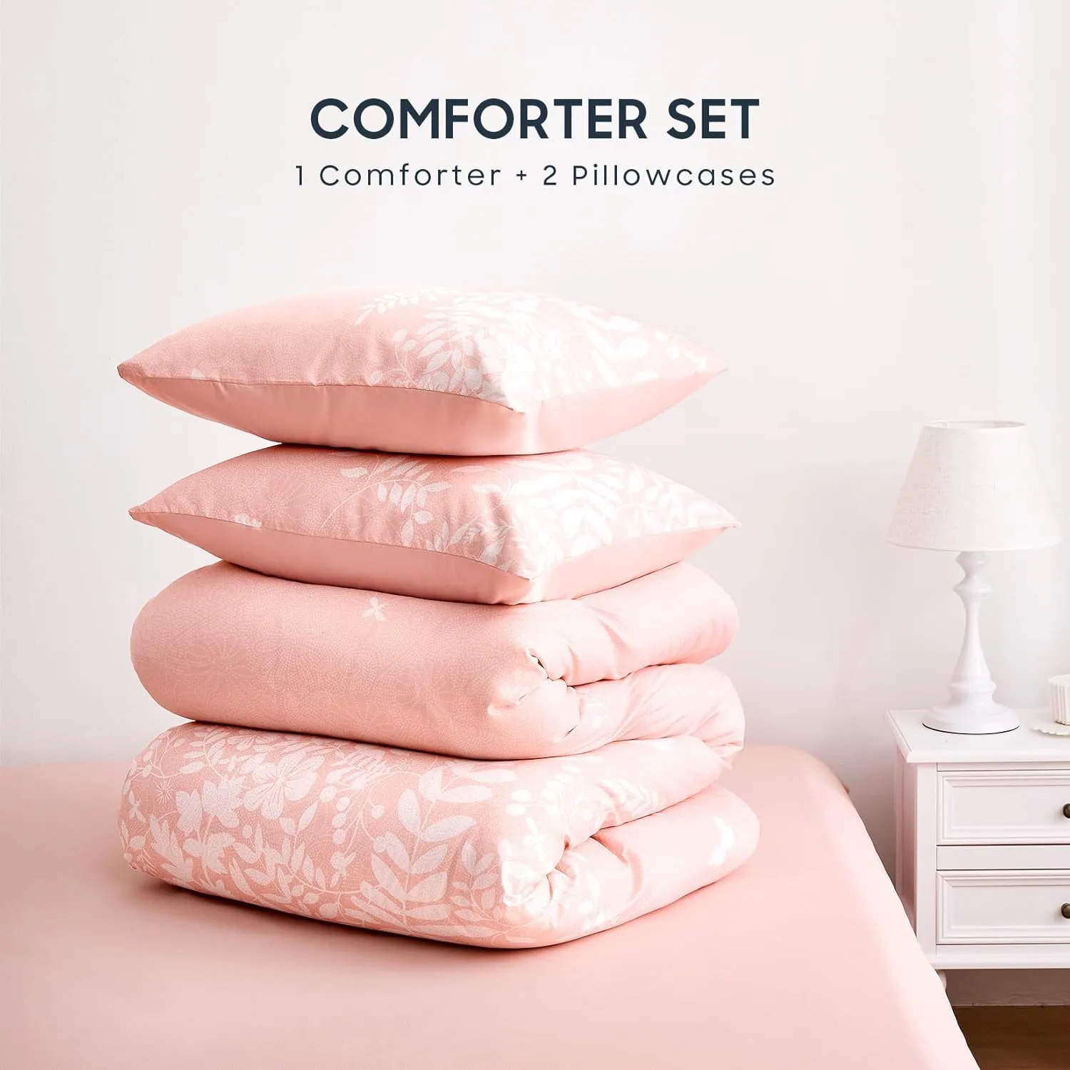 Wake In Cloud - Floral Comforter Set, Botanical Elegant Flower Tree Leaf Modern Pattern Printed for Men Women, Soft Lightweight Bedding, 3 Pieces, Pink, Full Size