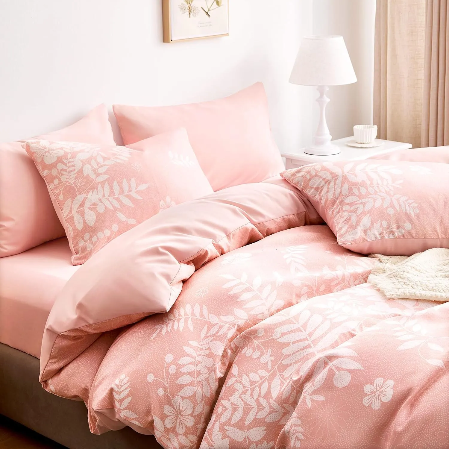 Wake In Cloud - Floral Comforter Set, Botanical Elegant Flower Tree Leaf Modern Pattern Printed for Men Women, Soft Lightweight Bedding, 3 Pieces, Pink, Full Size