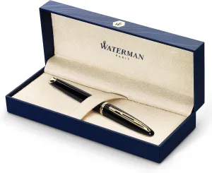 Waterman Carène Black Sea Fountain Pen, High-Gloss Black & 23k Gold Clip, Medium Nib with Blue Ink Cartridge, Gift Box