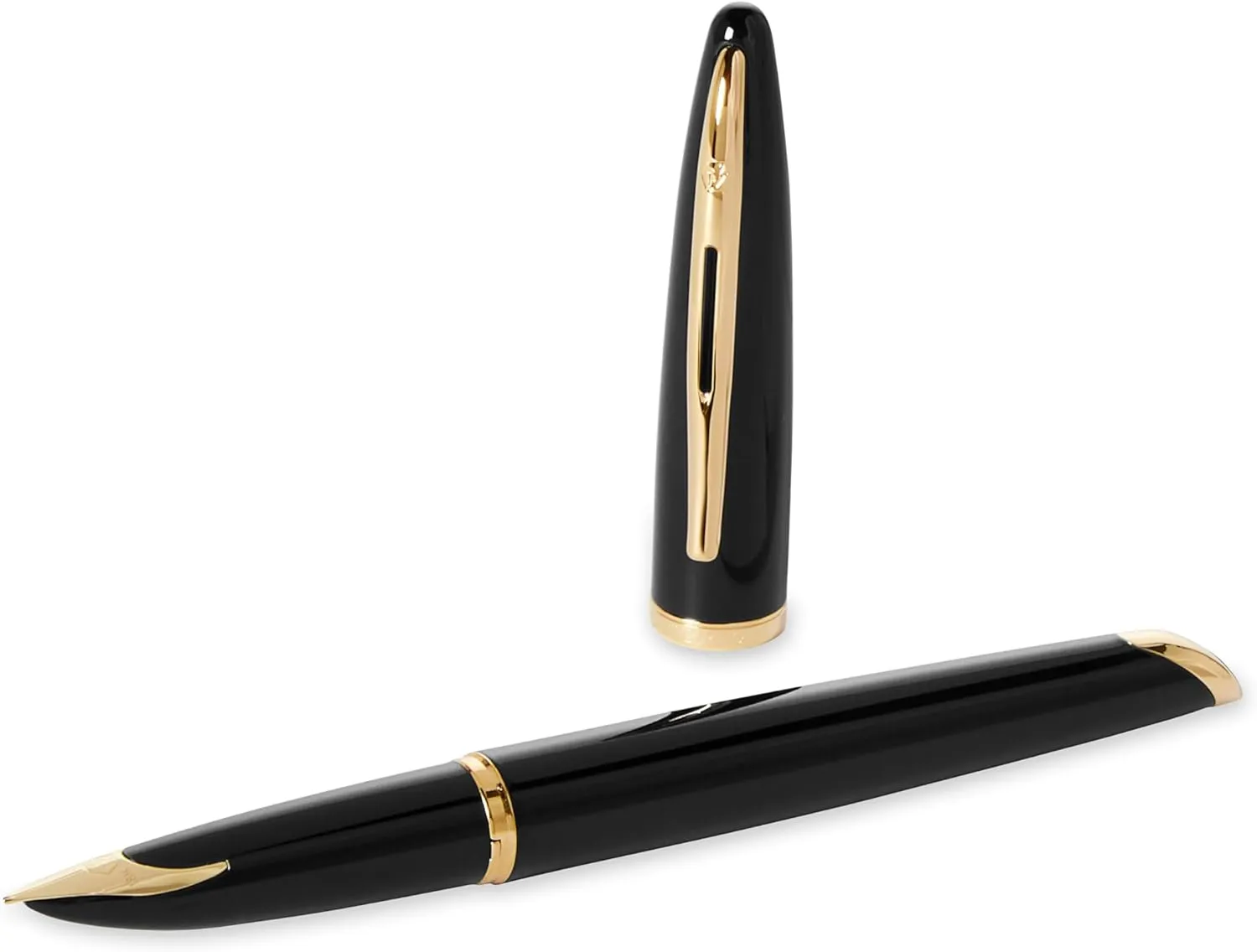 Waterman Carène Black Sea Fountain Pen, High-Gloss Black & 23k Gold Clip, Medium Nib with Blue Ink Cartridge, Gift Box