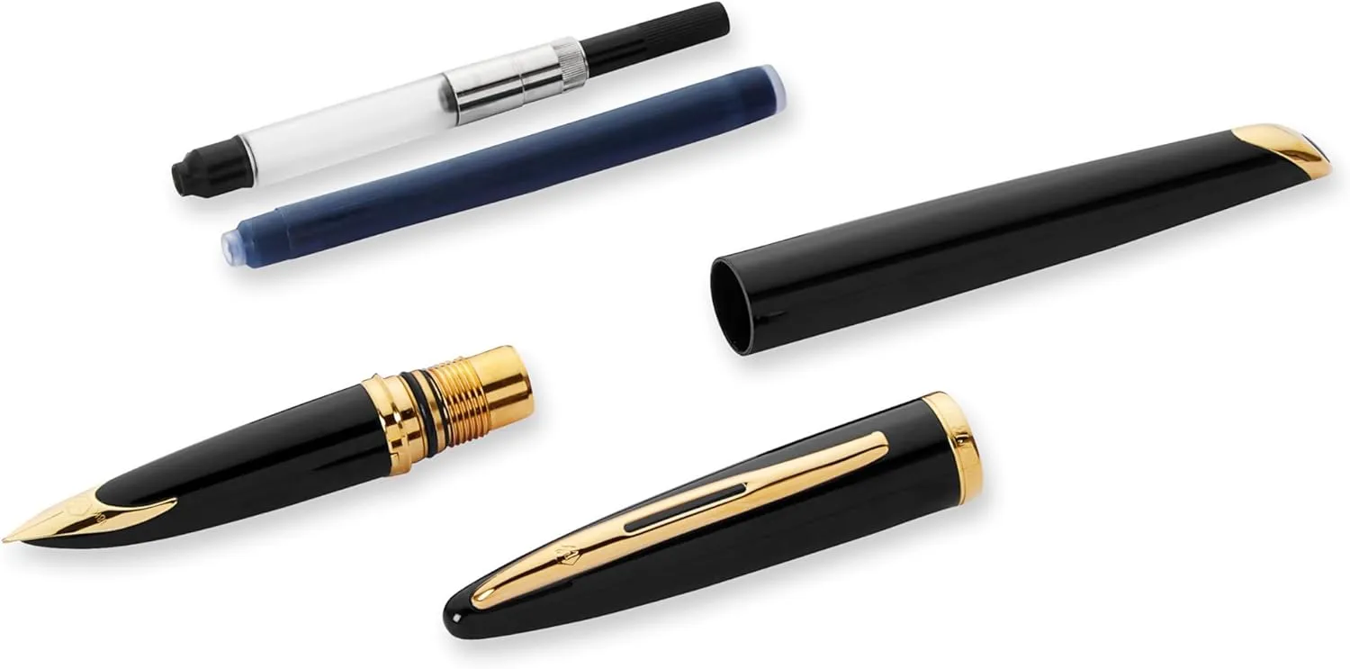 Waterman Carène Black Sea Fountain Pen, High-Gloss Black & 23k Gold Clip, Medium Nib with Blue Ink Cartridge, Gift Box