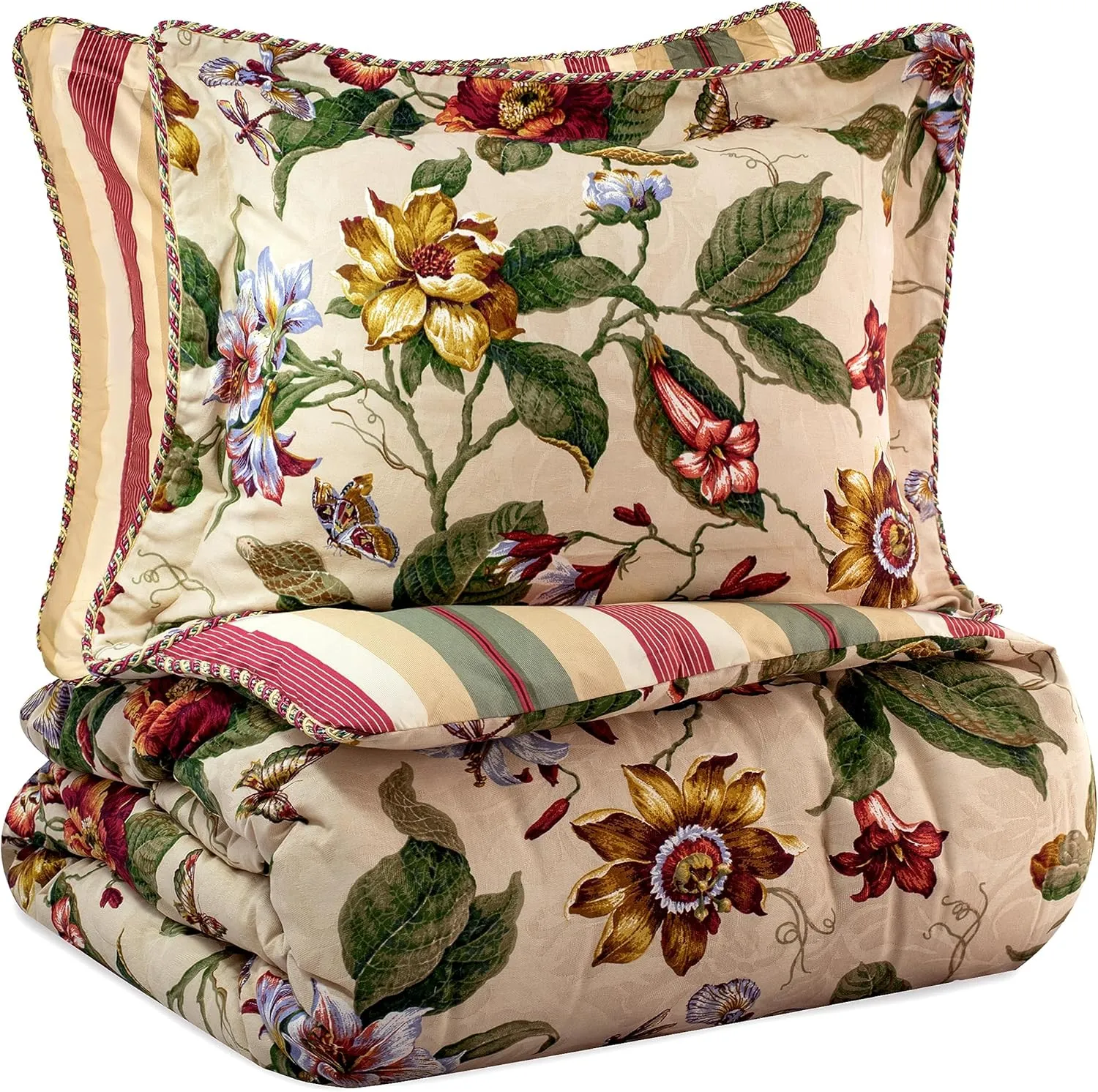 Waverly Laurel Springs Modern Farmhouse Floral 4-Piece Reversible Comforter Set, King, Parchment