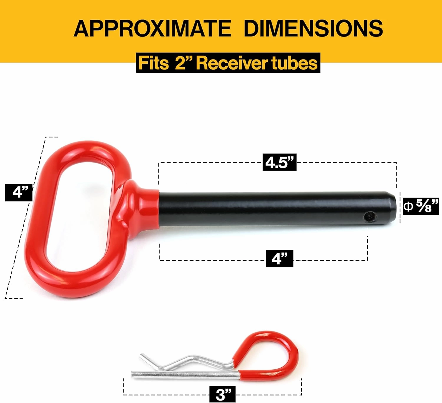 Wellmax 2-Pack 5/8" x 4-1/2" Steel Hitch Pin with 4pcs 3" R Clip, Clevis Pin Hitch with Rubber-Coated Handle, Red Color