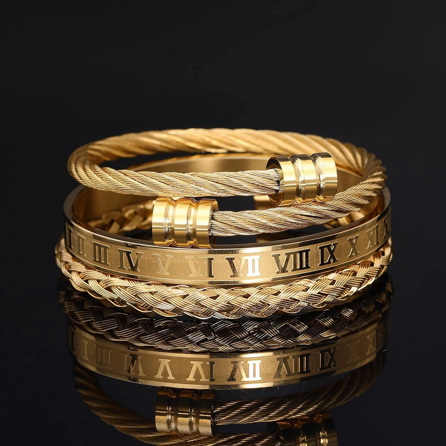 WFYOU 3PCS Stainless Steel Bracelets for Men Gold Roman Numeral Bangle Bracelet Twisted Cable Bracelet Adjustable Cuff Bracelet Mens Luxury Jewelry Bracelets Gifts