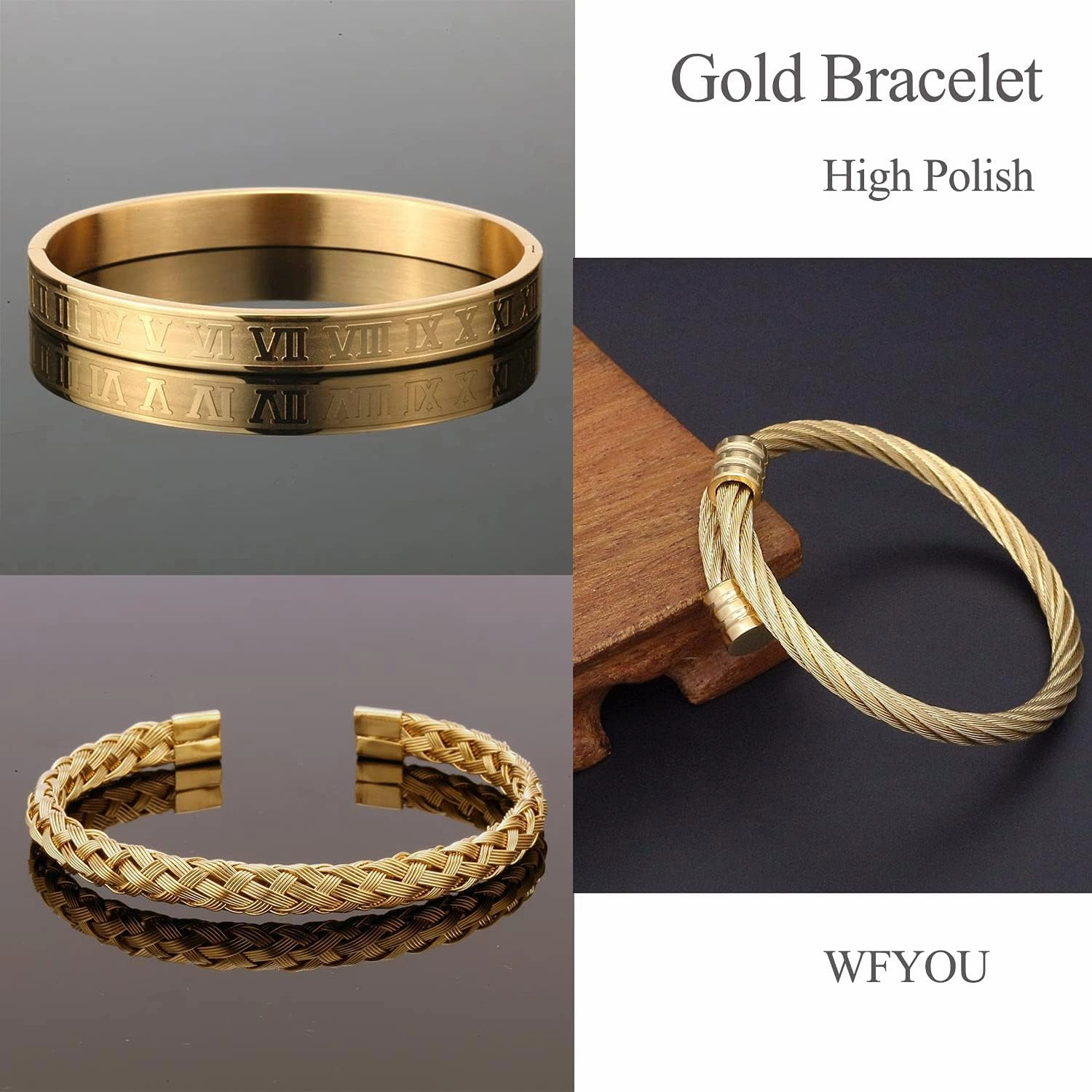 WFYOU 3PCS Stainless Steel Bracelets for Men Gold Roman Numeral Bangle Bracelet Twisted Cable Bracelet Adjustable Cuff Bracelet Mens Luxury Jewelry Bracelets Gifts