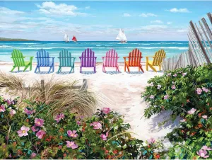White Mountain Rainbow Chairs Beach Puzzle 500 Pieces Summer Ocean Jigsaw Puzzles for Adult Grandparents and Family