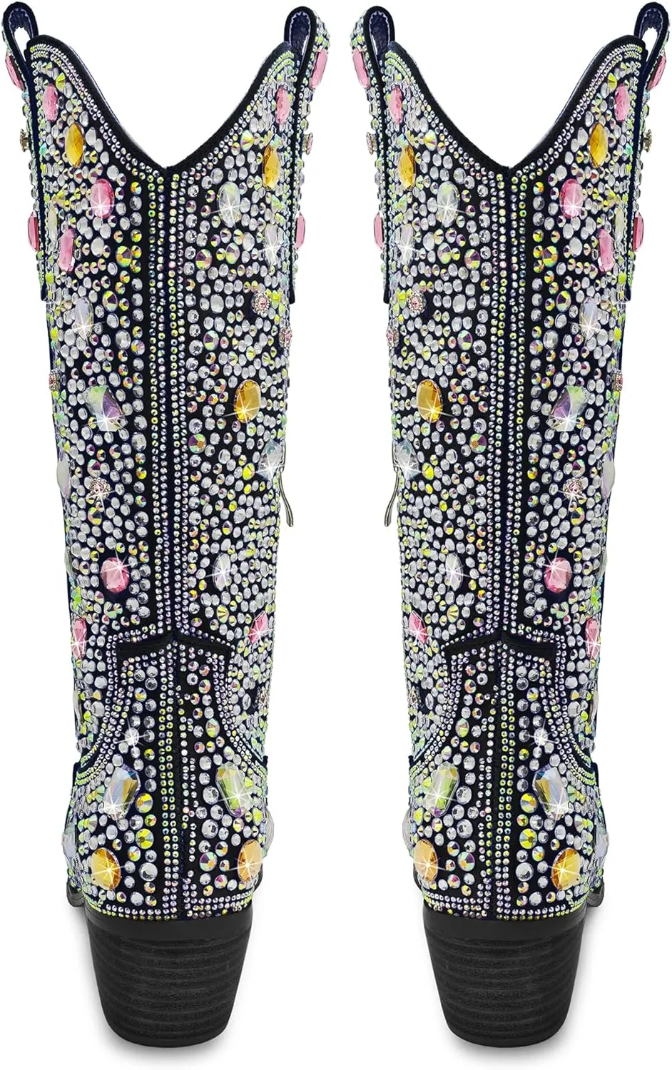 Wide Calf Rhinestone Cowboy Boots Sparkly Cowgirl boots for Women Pointed Toe 2inch Chunky heels Pull On Tabs Shiny Glitter Fashion Party Dress Retro Classic Boots