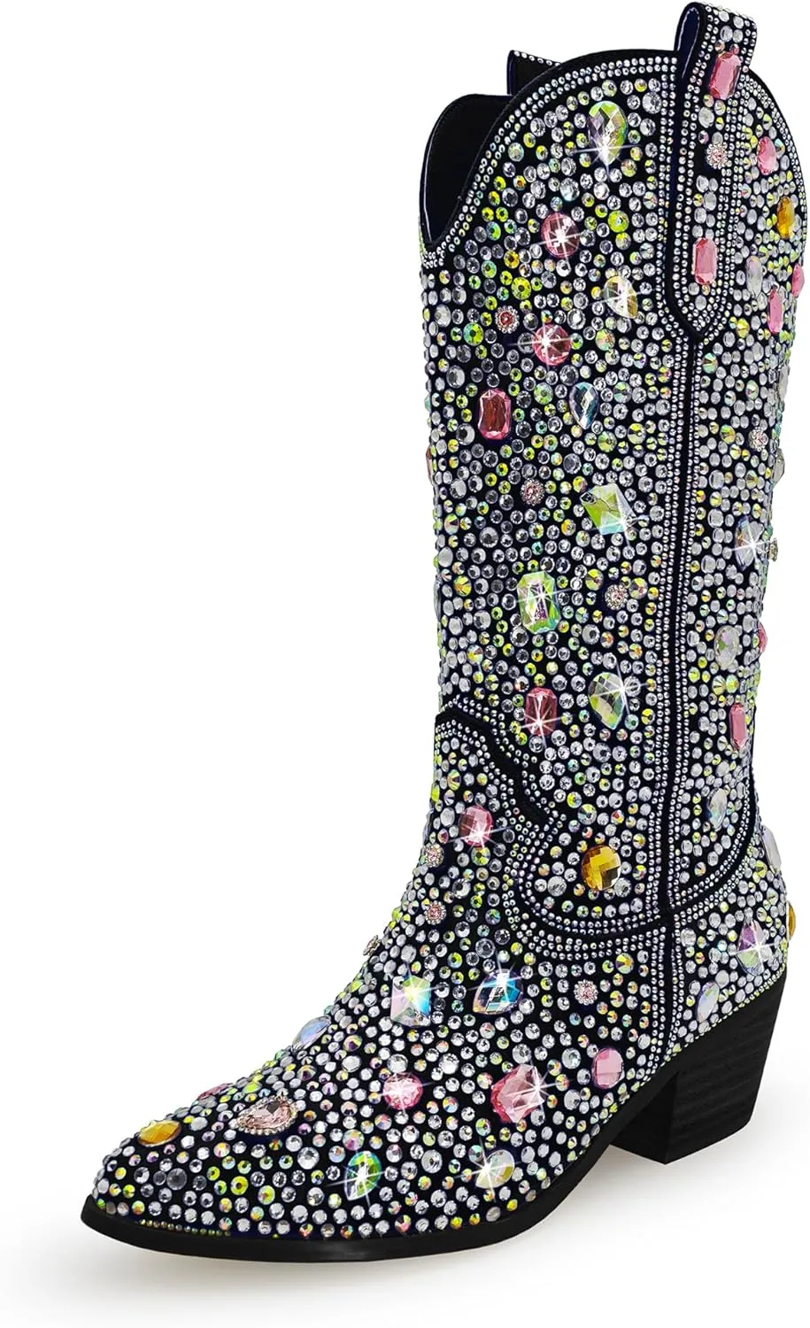 Wide Calf Rhinestone Cowboy Boots Sparkly Cowgirl boots for Women Pointed Toe 2inch Chunky heels Pull On Tabs Shiny Glitter Fashion Party Dress Retro Classic Boots