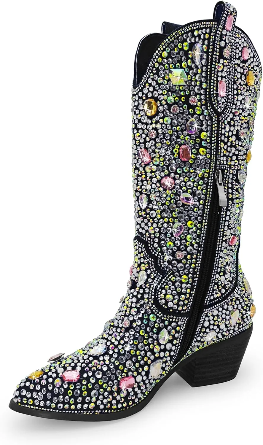 Wide Calf Rhinestone Cowboy Boots Sparkly Cowgirl boots for Women Pointed Toe 2inch Chunky heels Pull On Tabs Shiny Glitter Fashion Party Dress Retro Classic Boots