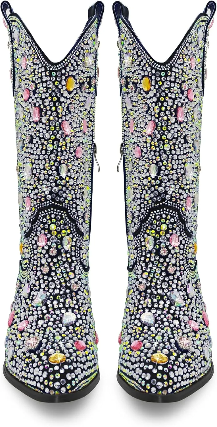Wide Calf Rhinestone Cowboy Boots Sparkly Cowgirl boots for Women Pointed Toe 2inch Chunky heels Pull On Tabs Shiny Glitter Fashion Party Dress Retro Classic Boots