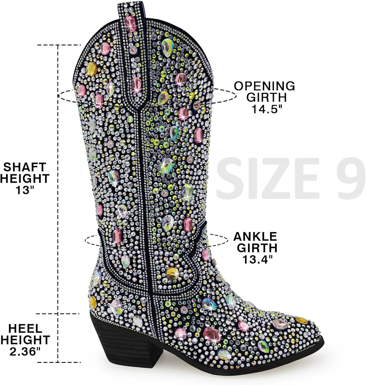 Wide Calf Rhinestone Cowboy Boots Sparkly Cowgirl boots for Women Pointed Toe 2inch Chunky heels Pull On Tabs Shiny Glitter Fashion Party Dress Retro Classic Boots