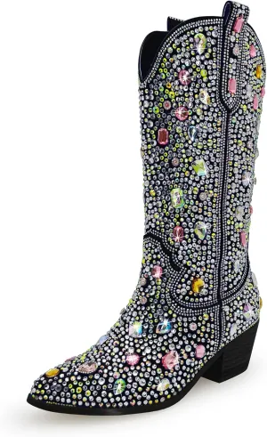 Wide Calf Rhinestone Cowboy Boots Sparkly Cowgirl boots for Women Pointed Toe 2inch Chunky heels Pull On Tabs Shiny Glitter Fashion Party Dress Retro Classic Boots