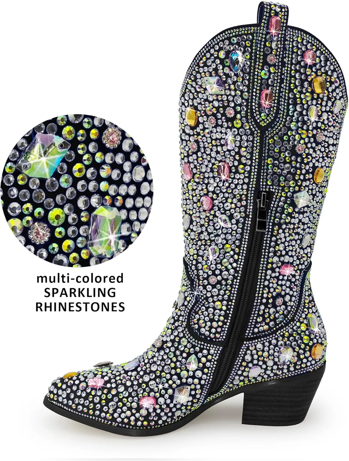 Wide Calf Rhinestone Cowboy Boots Sparkly Cowgirl boots for Women Pointed Toe 2inch Chunky heels Pull On Tabs Shiny Glitter Fashion Party Dress Retro Classic Boots