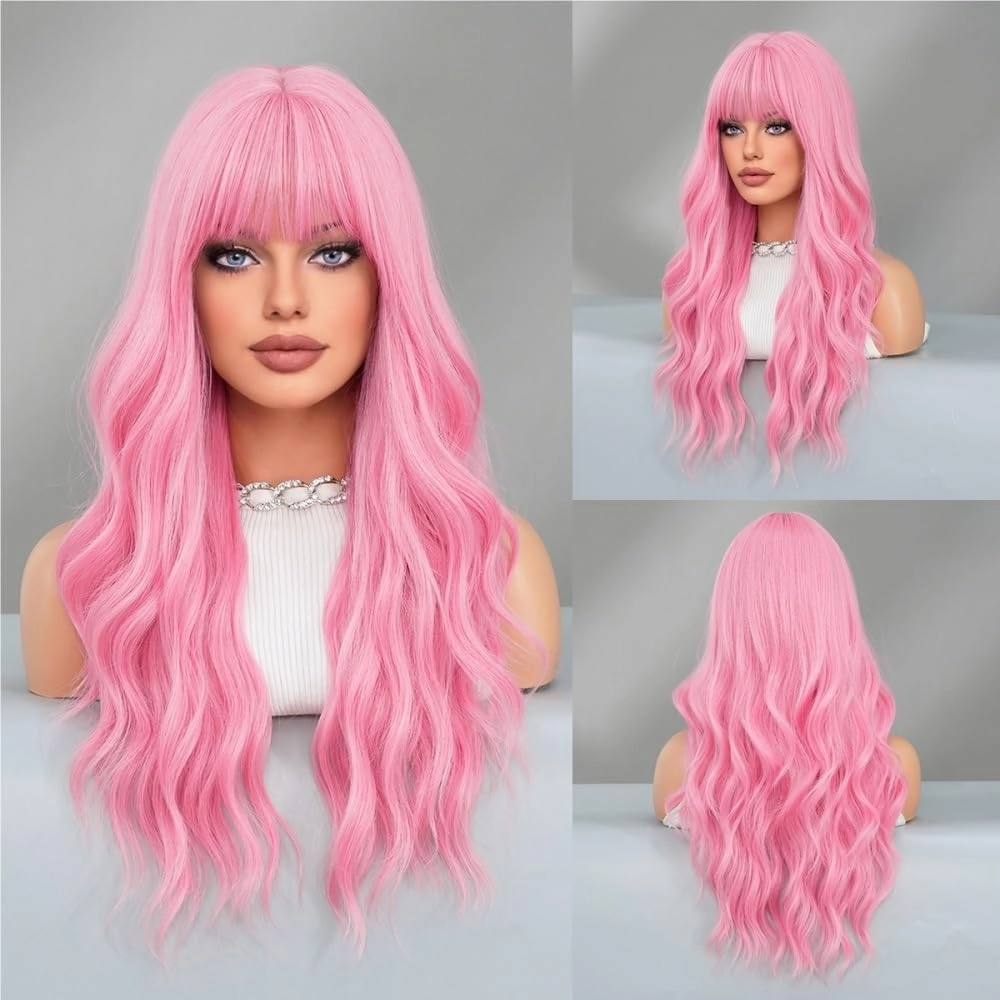 Wigs For Women Heat Resistant Pink Red Curly Wig for Women -Big Wave Synthetic Hair Wigs