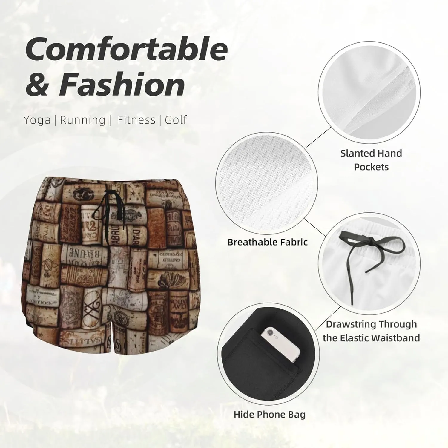 Wine Cork Print Summer Quick Dry Shorts Athletic Running Women's Workout Waisted Pockets Gym Yoga
