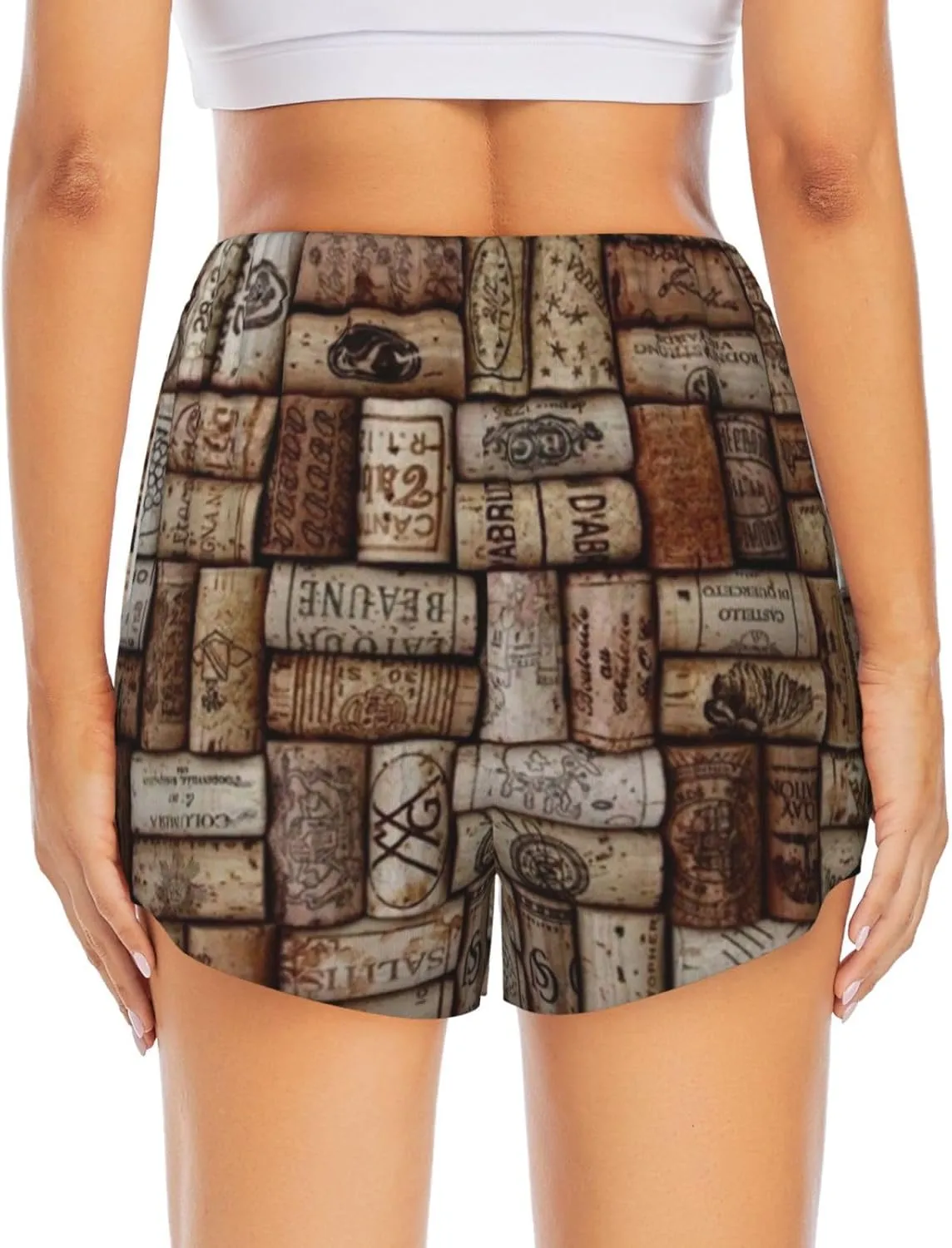 Wine Cork Print Summer Quick Dry Shorts Athletic Running Women's Workout Waisted Pockets Gym Yoga