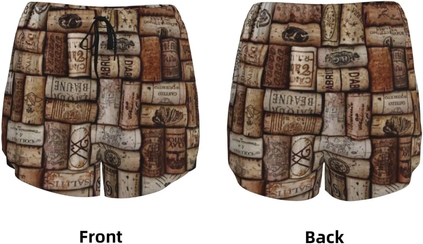 Wine Cork Print Summer Quick Dry Shorts Athletic Running Women's Workout Waisted Pockets Gym Yoga